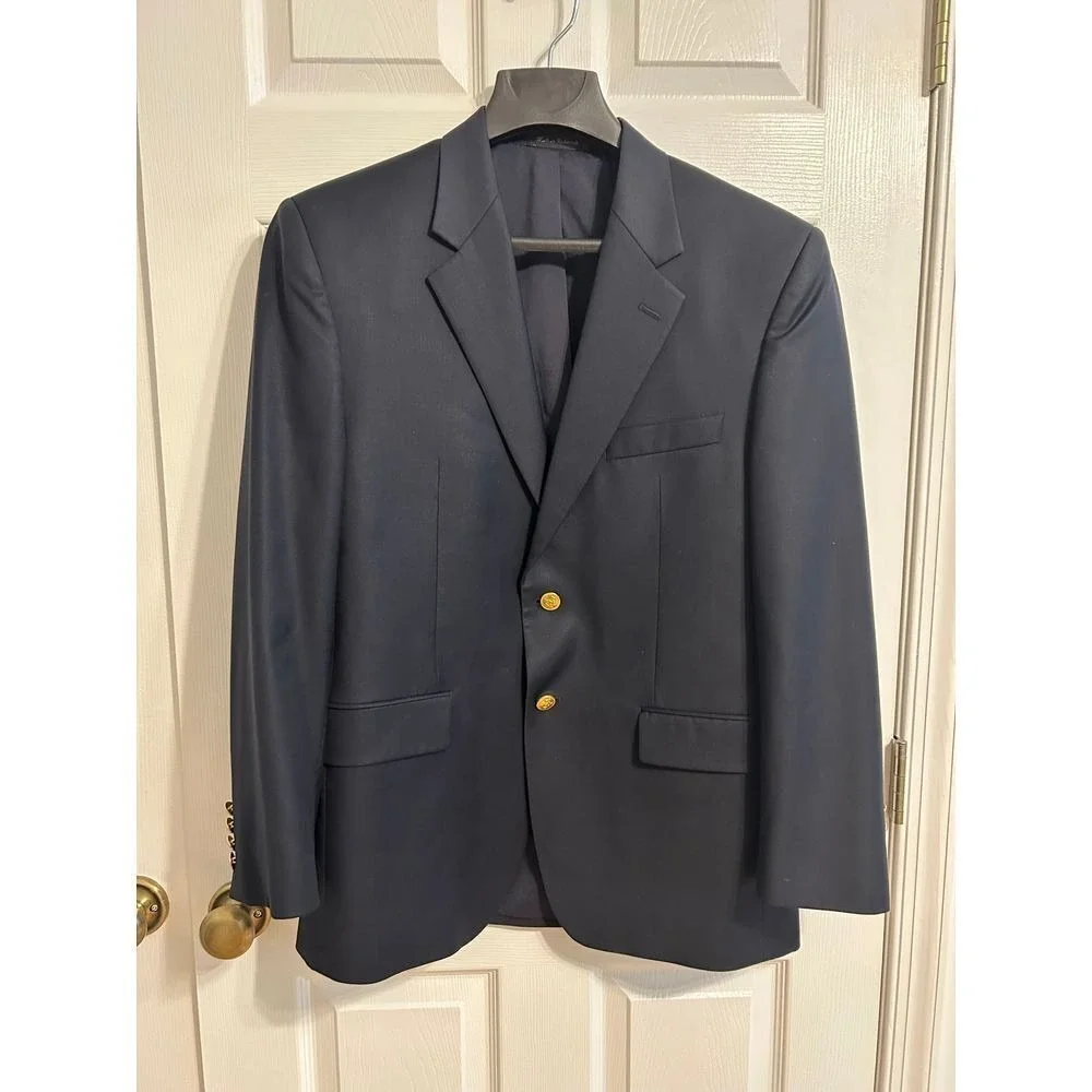Lauren Ralph Lauren 40 R gold button navy blue wool suit blazer jacket‎ Career